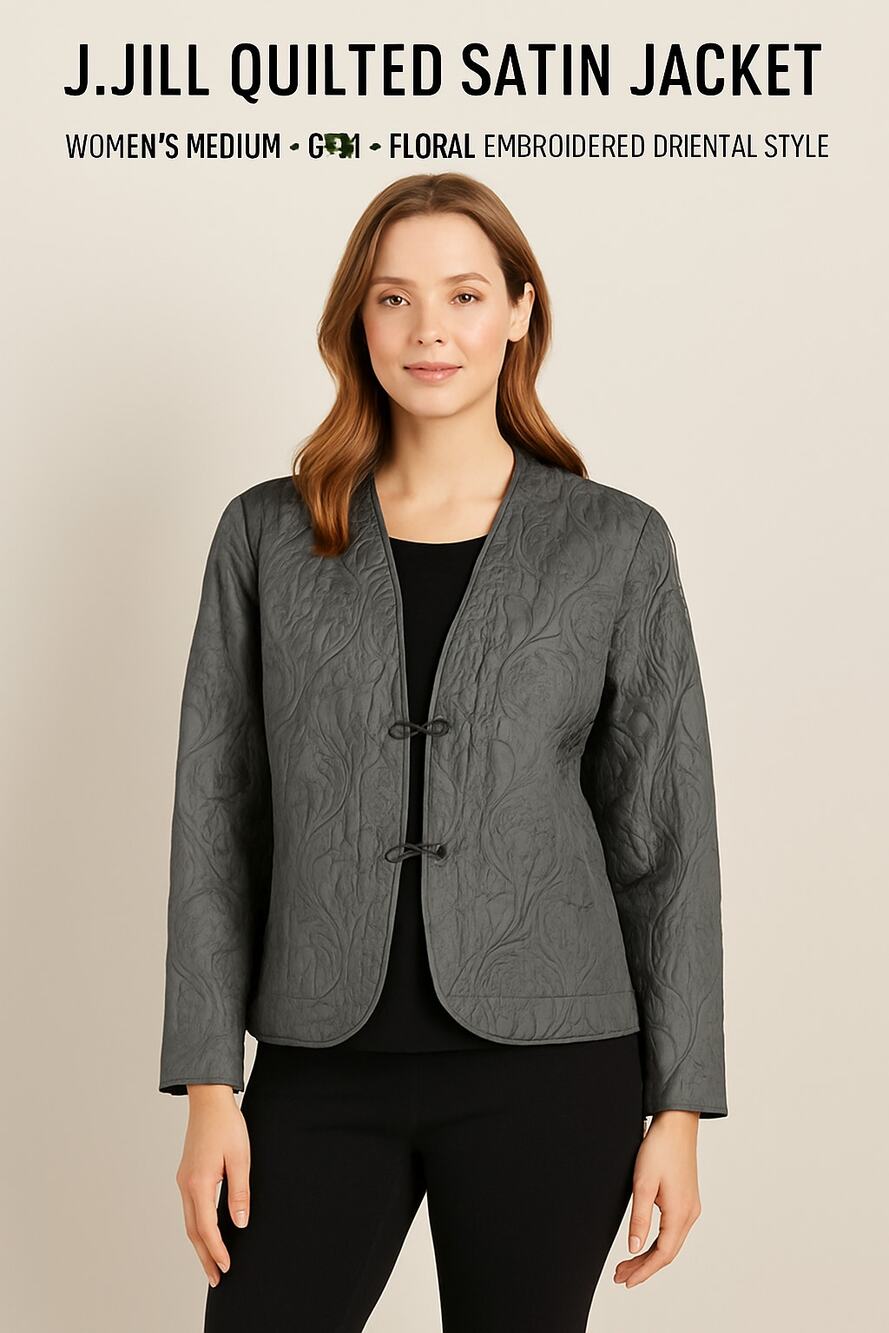 New J.Jill 100% Silk Quilted Jacket Women’s Large Gray Asian Inspired Minimalist